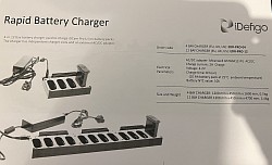 Rapid battery charger 4 or 12 bay battery charger used to charge iDCam Pro Li-ion battery packs. The charger has independent charger slots and an external AC/DC adapter.